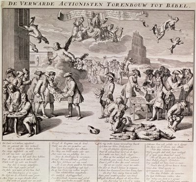 Karikatur, die das katastrophale Experiment mit Papiergeld durch den Schotten John Law während seiner Zeit als Generaldirektor der französischen Finanzen zwischen Januar und Mai 1720 verspottet von Flemish School